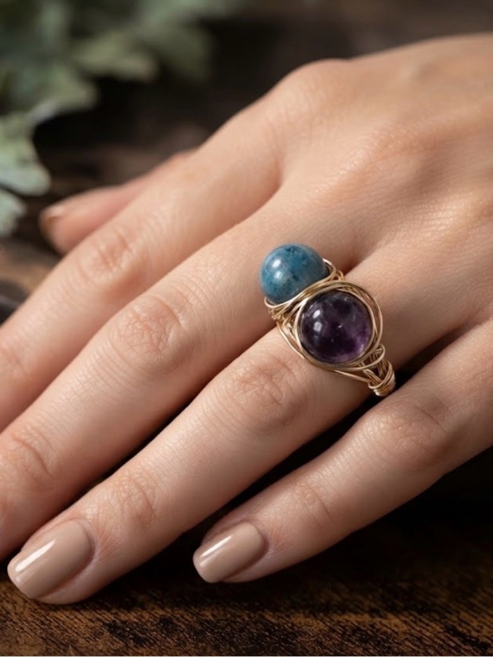 Handcrafted Gold Wire Ring with Blue and Purple Amethyst Gemstones size 9.5